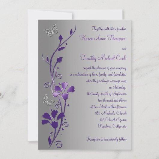 蝶招待の紫色および銀製の花柄 招待状 (裏面)