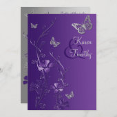 蝶招待の紫色および銀製の花柄 招待状 (正面/裏面)