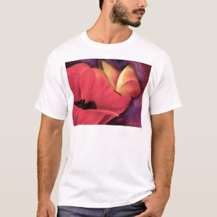 蝶数々のな赤いケシの芸術の花の絵画- Tシャツ