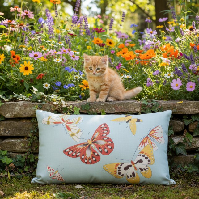 蝶日本のヴィンテージ屋外腰枕 アウトドアクッション (Blue outdoor pillow with butterflies!)