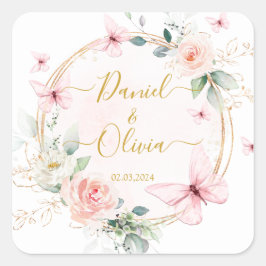 蝶結婚のクラシックステッカー スクエアシール