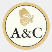 蝶結婚のクリームと金ゴールドとのイニシャル ラウンドシール (正面)