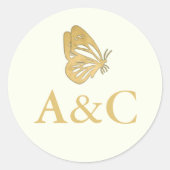 蝶結婚のクリームと金ゴールドとのイニシャル ラウンドシール (正面)