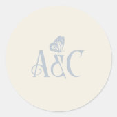 蝶結婚のクリームと青とのイニシャル ラウンドシール (正面)
