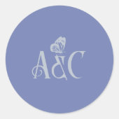 蝶結婚のクリームと青とのイニシャル ラウンドシール (正面)