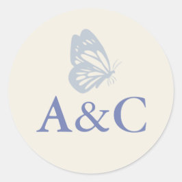 蝶結婚のクリームと青とのイニシャル ラウンドシール