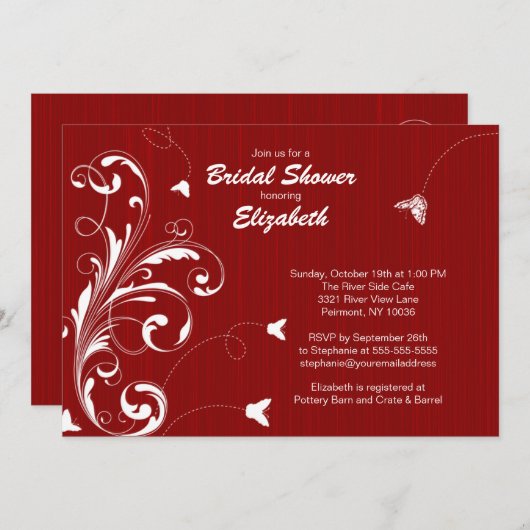 蝶華麗さのブライダルシャワーの招待の赤 招待状 (正面/裏面)