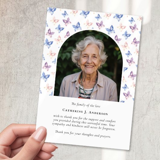 蝶薄紫ブルー悔やみや弔慰写真葬儀 サンキューカード