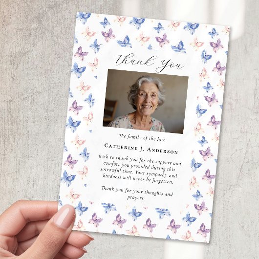 蝶薄紫ブルー悔やみや弔慰写真葬儀 サンキューカード
