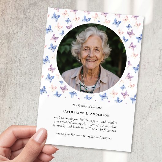 蝶薄紫ブルー悔やみや弔慰写真葬儀 サンキューカード