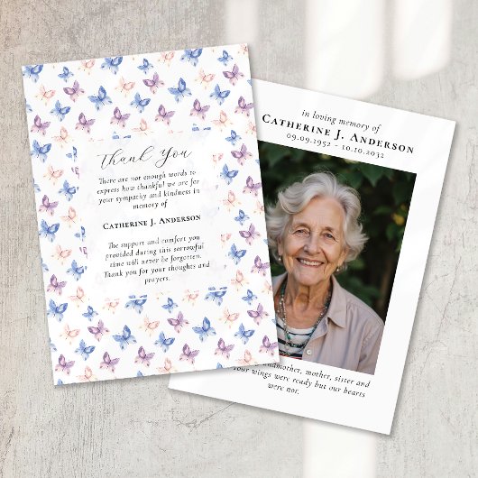 蝶薄紫ブルー悔やみや弔慰写真葬儀 サンキューカード