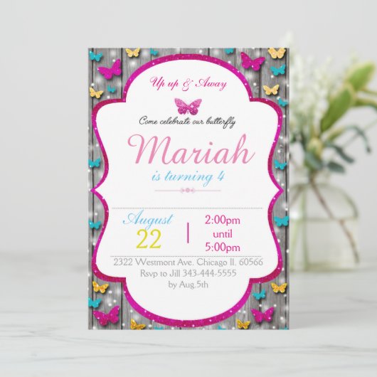 蝶誕生日の招待のかわいい木製の輝き 招待状 (スタンド正面)