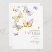 蝶金ゴールドガールバプテスマ金ゴールドクロスフラワー 招待状 (正面/裏面)