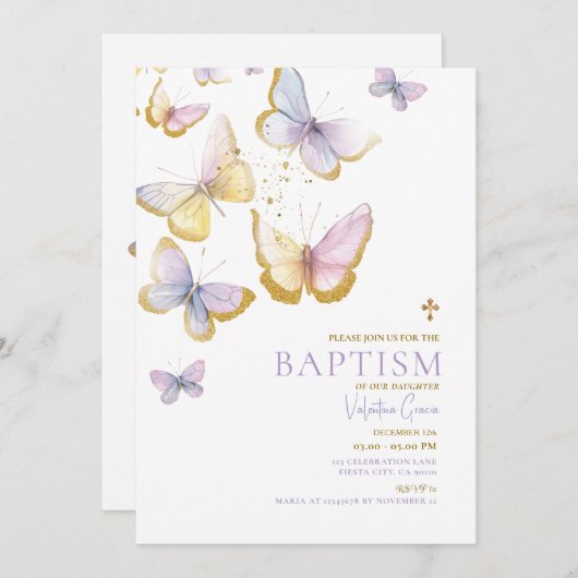 蝶金ゴールドガールバプテスマ金ゴールドクロスフラワー 招待状 (正面/裏面)