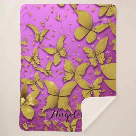 蝶金ゴールドグリッターピンク背景 シェルパブランケット (正面)