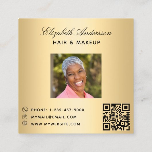 蝶金ゴールドQRコードスクリプト写真 スクエア名刺 (裏面)