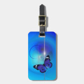 蝶革バンドが付いている青い荷物のラベル ラゲッジタグ (正面縦)