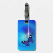 蝶革バンドが付いている青い荷物のラベル ラゲッジタグ (裏面縦)