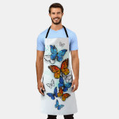 蝶飛んでいるモルフォと（昆虫）オオカバマダラ、モナーク エプロン (着用した状態)
