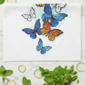 蝶飛んでいるモルフォと(昆虫)オオカバマダラ、モナーク キッチンタオル (折り畳み)