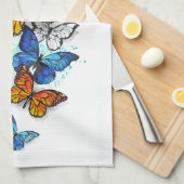 蝶飛んでいるモルフォと(昆虫)オオカバマダラ、モナーク キッチンタオル (四つ折り)