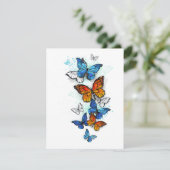 蝶飛んでいるモルフォと(昆虫)オオカバマダラ、モナーク サンキューカード (スタンド正面)