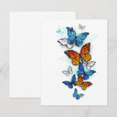 蝶飛んでいるモルフォと(昆虫)オオカバマダラ、モナーク サンキューカード (正面/裏面)