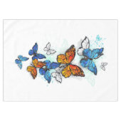 蝶飛んでいるモルフォと（昆虫）オオカバマダラ、モナーク テーブルクロス (正面(横))