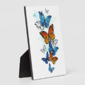 蝶飛んでいるモルフォと（昆虫）オオカバマダラ、モナーク フォトプラーク (側面)