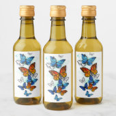 蝶飛んでいるモルフォと（昆虫）オオカバマダラ、モナーク ワインラベル (ボトル)