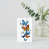 蝶飛んでいるモルフォと（昆虫）オオカバマダラ、モナーク 名刺 (スタンド正面)