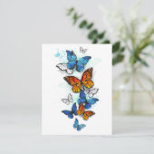 蝶飛んでいるモルフォと（昆虫）オオカバマダラ、モナーク 案内状 (スタンド正面)