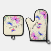 蝶飛んでいる名前をカスタムするパーソナライズされた 鍋つかみ&鍋敷きセット (正面)