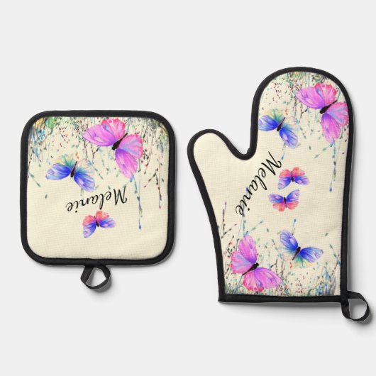 蝶飛んでいる名前をカスタムするパーソナライズされた 鍋つかみ&鍋敷きセット (正面)