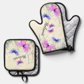 蝶飛んでいる名前をカスタムするパーソナライズされた 鍋つかみ&鍋敷きセット (正面/裏面)