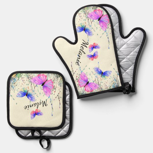 蝶飛んでいる名前をカスタムするパーソナライズされた 鍋つかみ&鍋敷きセット (正面/裏面)