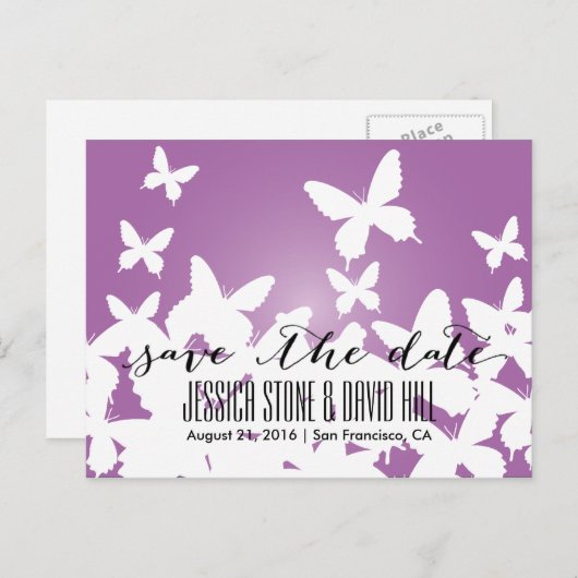蝶飛んでいる庭園の結婚式保存日付 案内ポストカード (正面/裏面)