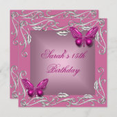 蝶15th誕生日パーティシルバーピンクの花 招待状 (正面/裏面)