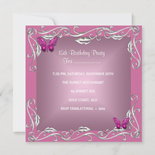 蝶15th誕生日パーティシルバーピンクの花 招待状 (裏面)