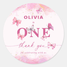 蝶1stバースデーピンク金ゴールドダストありがとう ラウンドシール