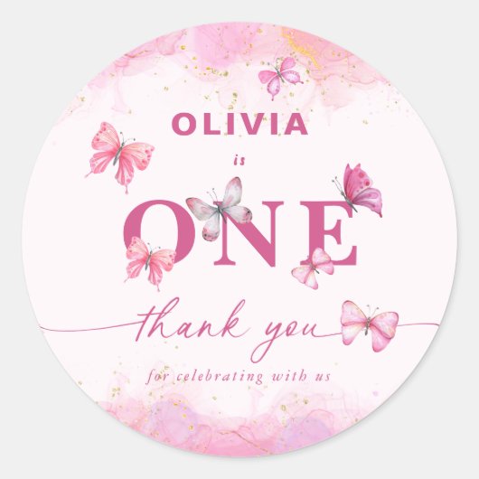 蝶1stバースデーピンク金ゴールドダストありがとう ラウンドシール (正面)
