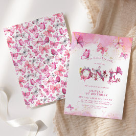 蝶1st誕生日ベビーガールピンク金ゴールドダスト 招待状