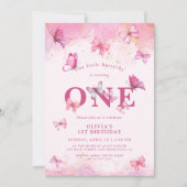 蝶1st誕生日ベビーガールピンク金ゴールドダスト 招待状 (正面)