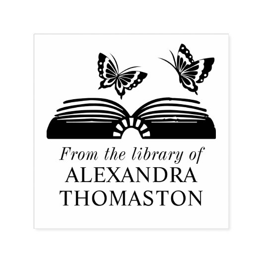 蝶2本とオープンブック図書名 セルフインキングスタンプ (デザイン)
