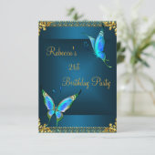 蝶21st誕生日パーティーブルーティール(緑がかった色) 招待状 (スタンド正面)