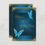 蝶21st誕生日パーティーブルーティール(緑がかった色) 招待状 (正面/裏面)