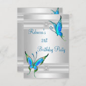蝶21th誕生日パーティーホワイトシルバーティール(緑がかった色) 招待状 (正面/裏面)