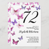 蝶72番目の誕生日招待状インピンク/紫 招待状 (正面/裏面)
