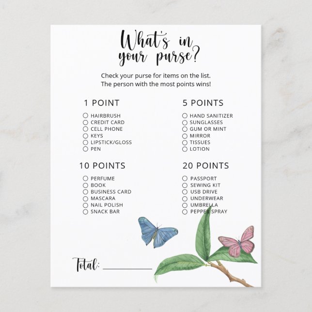 蝶 – あなたの財布の赤ちゃんシャワーゲームの中のwhats (正面)