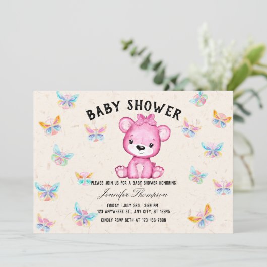蝶&かわいいクマ赤ちゃんシャワー 招待状 (スタンド正面)
